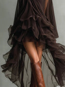 Elegant Ruffled Chiffon High-Neck Loose Midi Dress