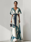 Elegant Watercolor Print V-Neck Flowing Maxi Dress