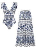 Porcelain Print V-Neck One-Piece Swimsuit & Long Cover-Up Set
