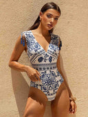 Porcelain Print V-Neck One-Piece Swimsuit & Long Cover-Up Set