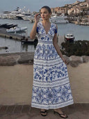 Porcelain Print V-Neck One-Piece Swimsuit & Long Cover-Up Set