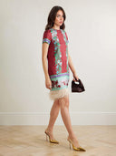 Retro Floral Print Feather-Hem Mini Dress