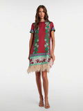 Retro Floral Print Feather-Hem Mini Dress