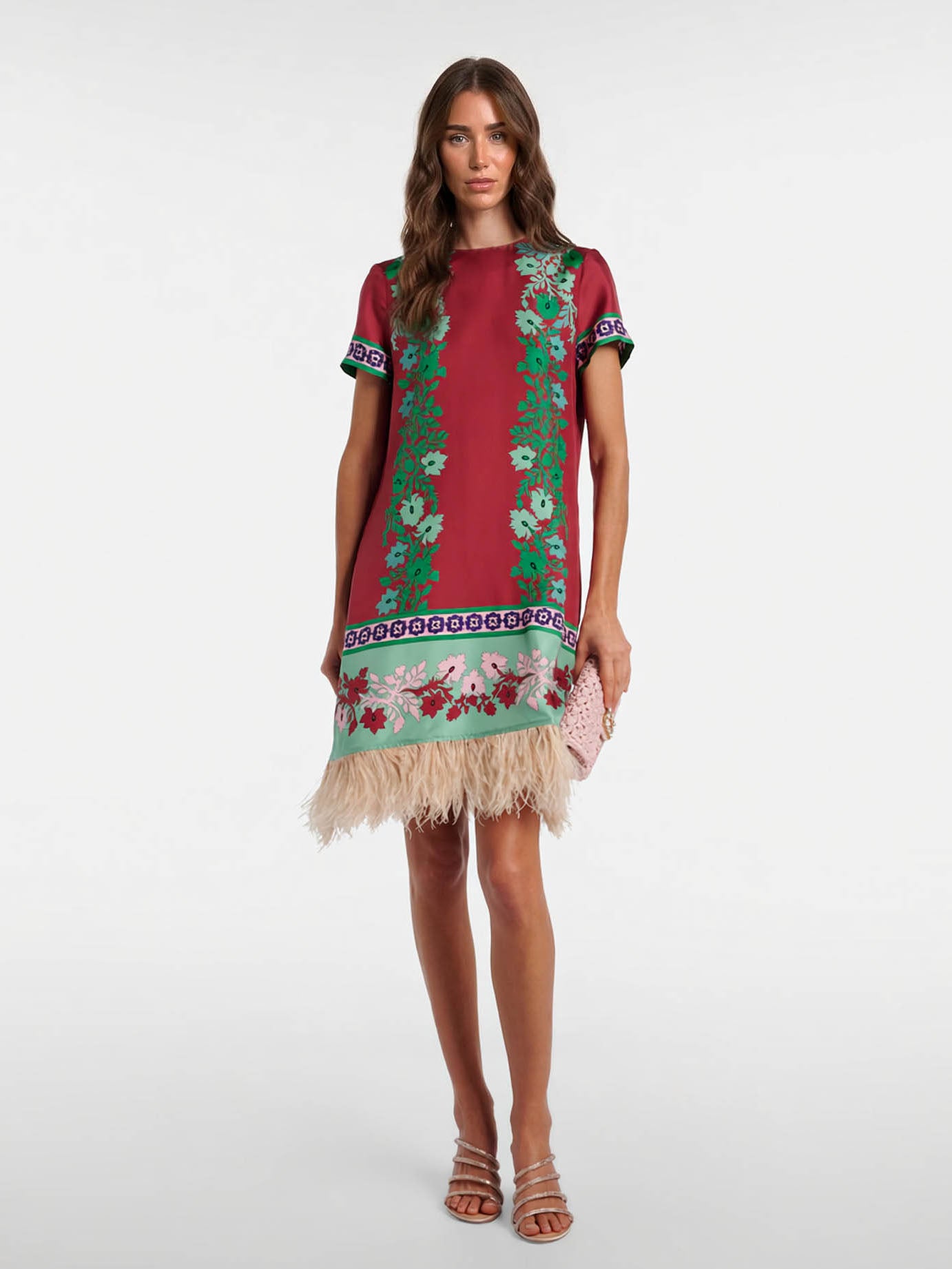 Retro Floral Print Feather-Hem Mini Dress