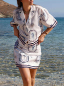 Retro Seashell Print Loose Top And A-Line Mini Skirt Set