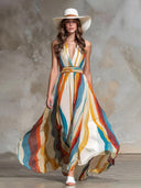 Retro Rainbow Striped Chiffon Sleeveless Maxi Dress