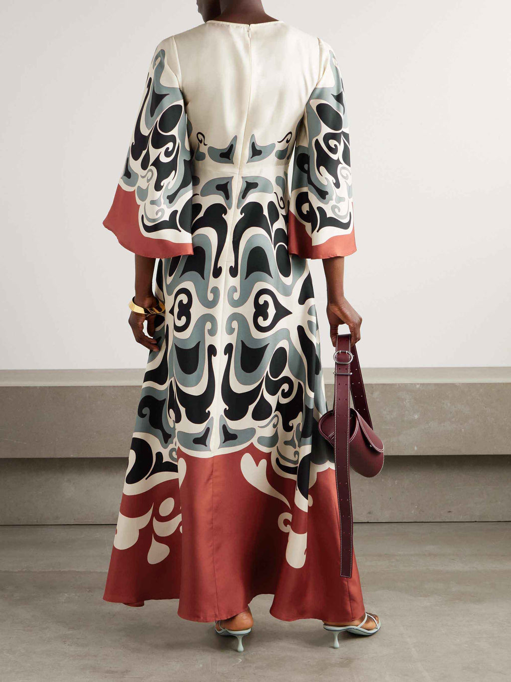 Unique Abstract Floral Print Bell Sleeve Maxi Dress