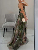 Elegant Painted Floral Print V-Neck A-Line Maxi Dress