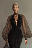 Elegant Mesh Polka Dot Ruched Waist Front-Slit Maxi Dress