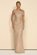 Off-Shoulder Shiny Pleated Maxi Dress