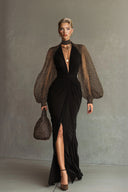 Elegant Mesh Polka Dot Ruched Waist Front-Slit Maxi Dress