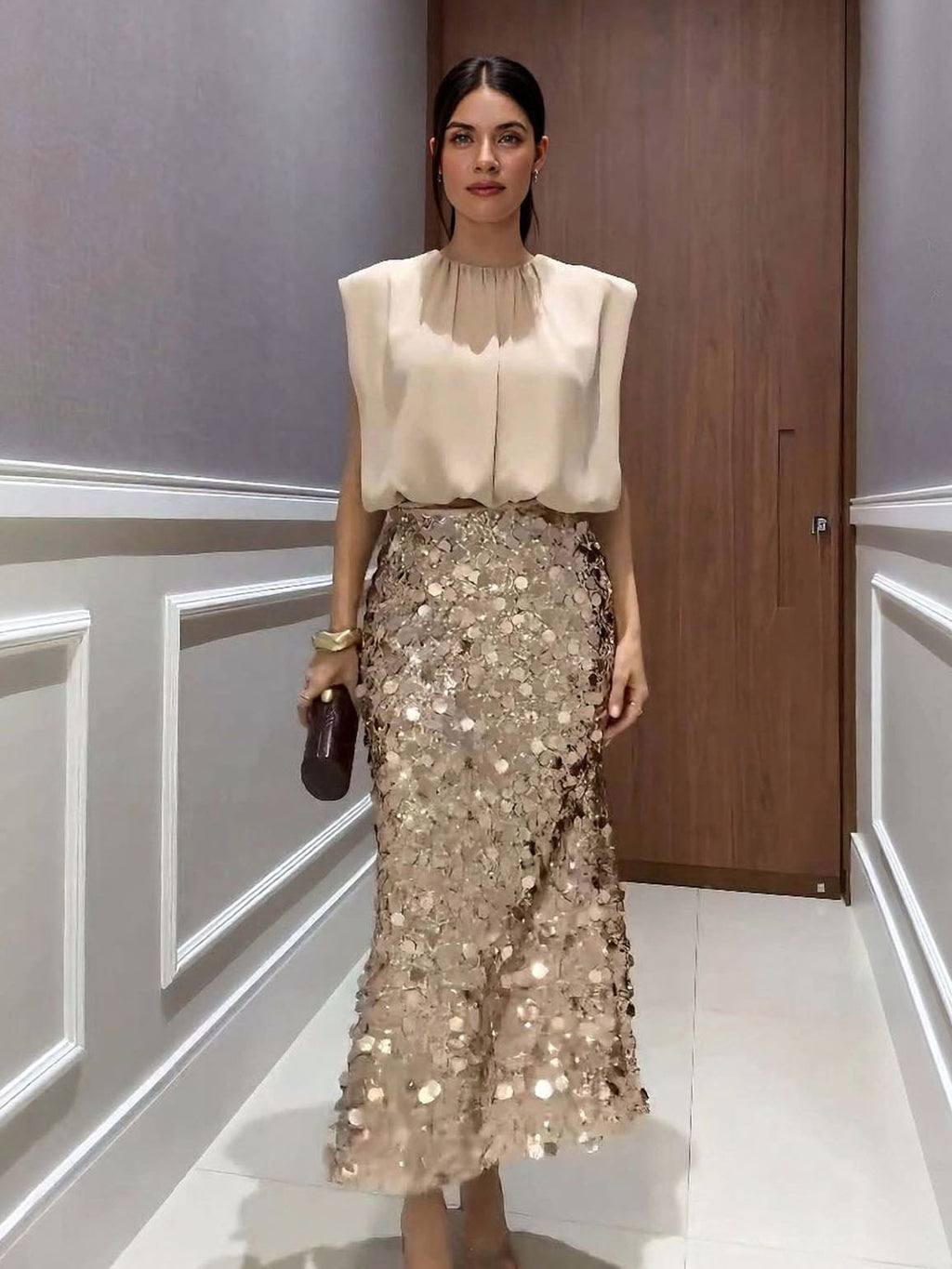 Elegant High-Waist Sequin Midi Skirt
