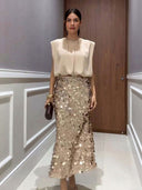Elegant High-Waist Sequin Midi Skirt