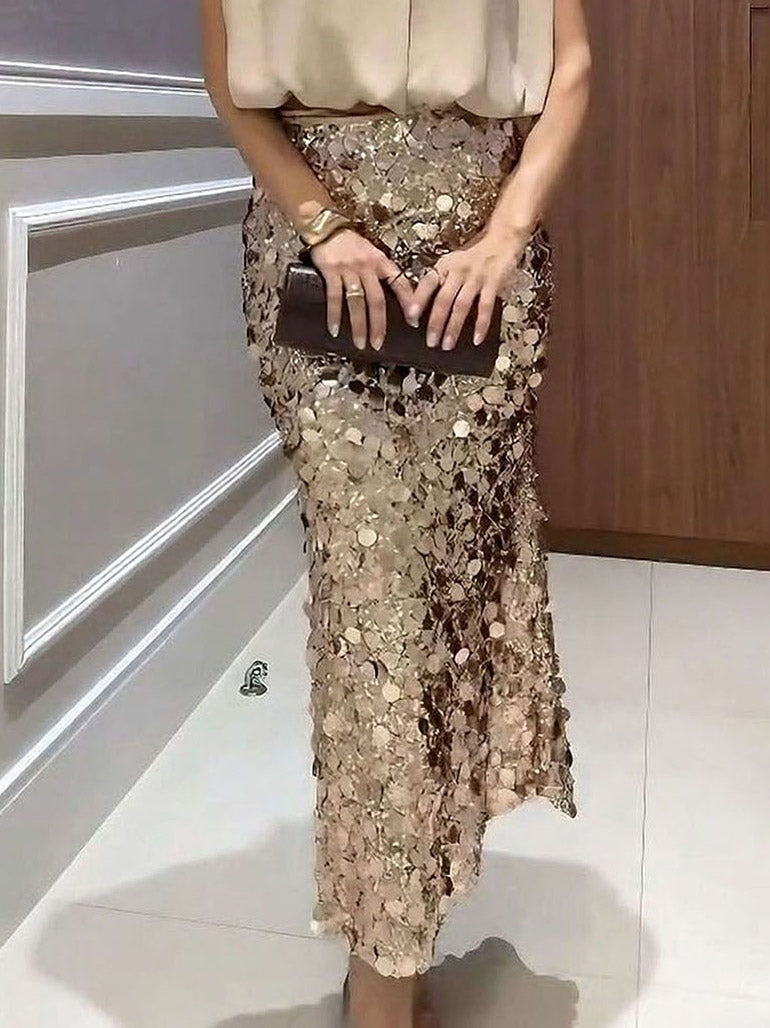 Elegant Sleeveless Blouse & Sequin Midi Skirt Two-Piece Set