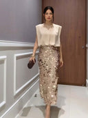 Elegant High-Waist Sequin Midi Skirt