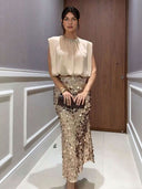 Elegant High-Waist Sequin Midi Skirt