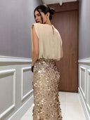 Elegant Sleeveless Blouse & Sequin Midi Skirt Two-Piece Set