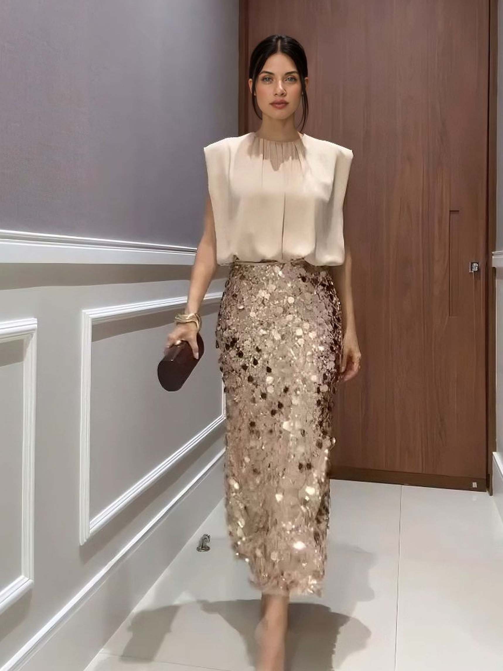Elegant Sleeveless Blouse & Sequin Midi Skirt Two-Piece Set