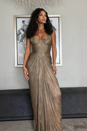 Elegant Pleated Metallic Tie-Waist Party Slit Gown Maxi Dress
