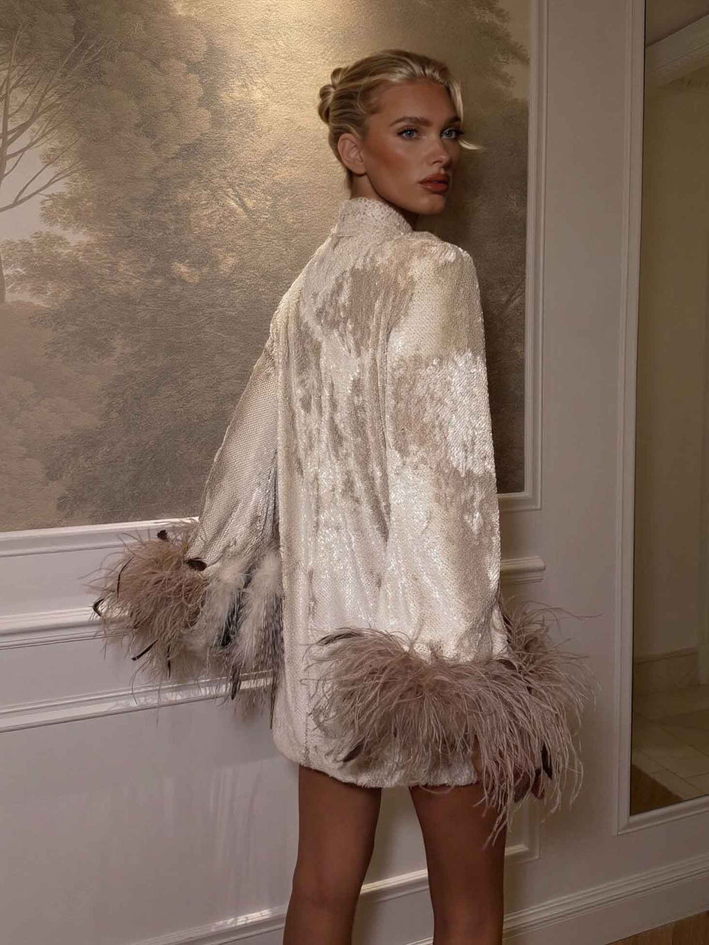 Elegant Sequined Fur Cuff Mini Dress