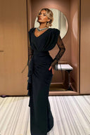 Lace-sleeve Spliced Pleated Maxi Dress