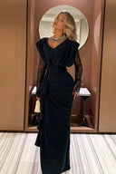 Lace-sleeve Spliced Pleated Maxi Dress