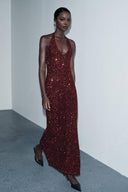 Elegant Fashion Sequin V-Neck Backless Tie Maxi Dress
