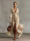 Casual Lace-Trimmed Ruffled Shirt Dress