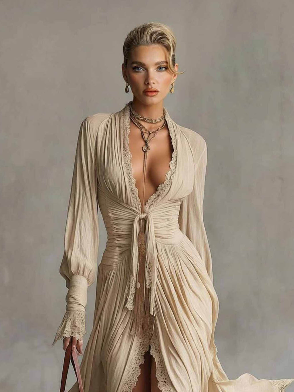 Casual Lace-Trimmed Ruffled Shirt Dress