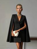 Chic Black V-Neck Cape Sleeve Double-Breasted Blazer Mini Dress