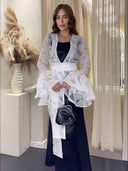 Elegant Ruffled Organza Cardigan & Black Maxi Dress Two-Piece Set