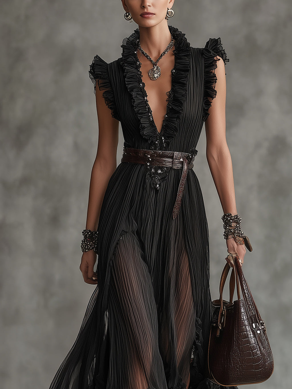 Elegant Ruffled Tulle Maxi Dress