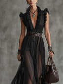 Elegant Ruffled Tulle Maxi Dress