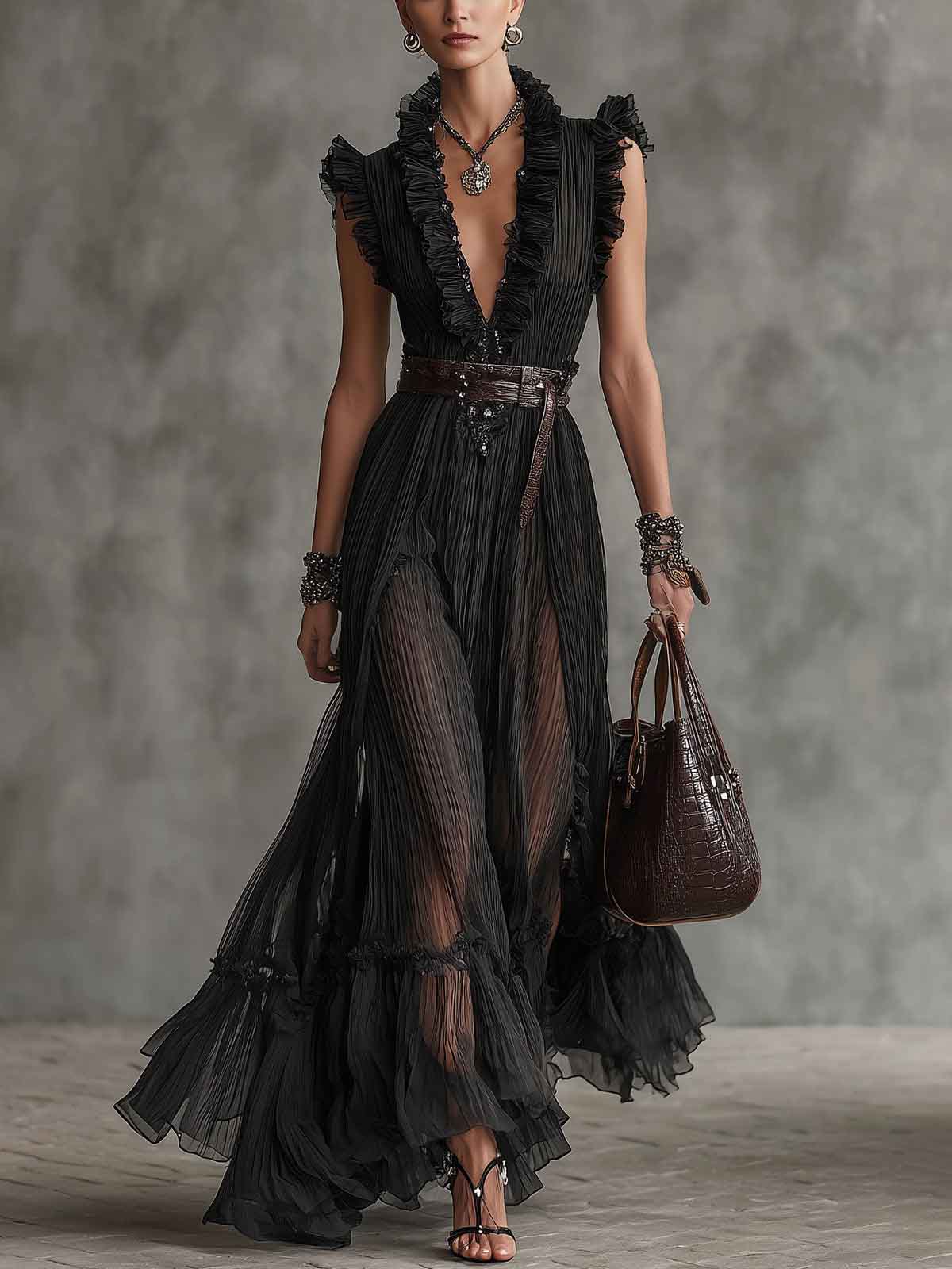 Elegant Ruffled Tulle Maxi Dress