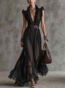 Elegant Ruffled Tulle Maxi Dress