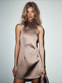 Elegant Feather-Trim High-Neck Satin Mini Dress