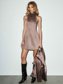 Elegant Feather-Trim High-Neck Satin Mini Dress