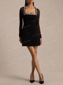 Elegant Crystal-embellished Mesh Sleeve Mini Dress