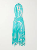 Retro Print Irregular Twill Trim Knit Backless Midi Dress