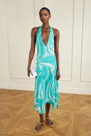 Retro Print Irregular Twill Trim Knit Backless Midi Dress