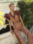 Exquisite Geometric Print V-Neck Ruffle Sleeve Top High-Waist Wide-Leg Pants Set