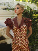 Exquisite Geometric Print V-Neck Ruffle Sleeve Top High-Waist Wide-Leg Pants Set