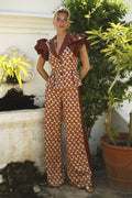 Exquisite Geometric Print V-Neck Ruffle Sleeve Top High-Waist Wide-Leg Pants Set