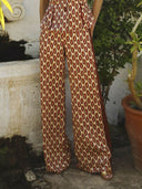 Exquisite Geometric Print V-Neck Ruffle Sleeve Top High-Waist Wide-Leg Pants Set