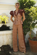 Exquisite Geometric Print V-Neck Ruffle Sleeve Top High-Waist Wide-Leg Pants Set