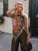 Unique Retro Floral Print Tassel Vest Two-Piece Set