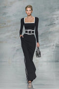 Elegant Black And White Trim Square Neck Long Sleeve Tight Maxi Dress