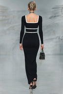 Elegant Black And White Trim Square Neck Long Sleeve Tight Maxi Dress