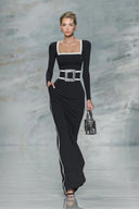 Elegant Black And White Trim Square Neck Long Sleeve Tight Maxi Dress