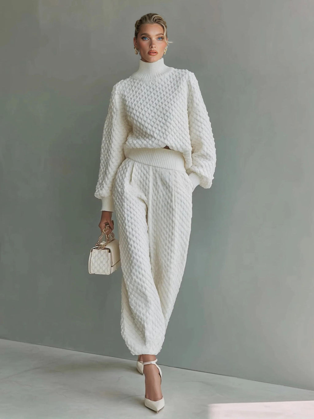 Casual Textured Knit Lantern-Leg Pants